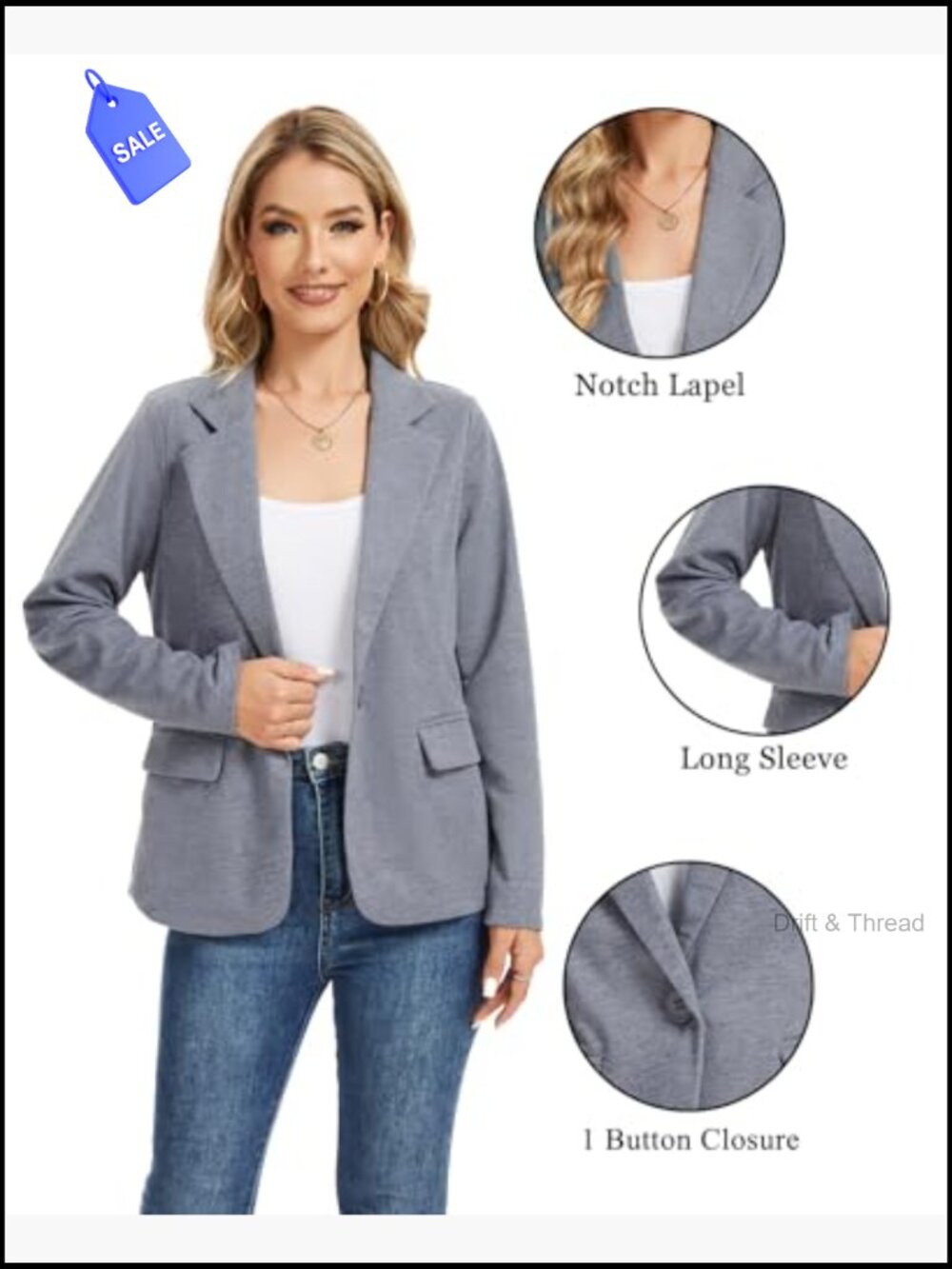 Long Sleeve Jersey Knit Blazer with Pockets, Notch Collar, Office Casual - Picture 6 of 7